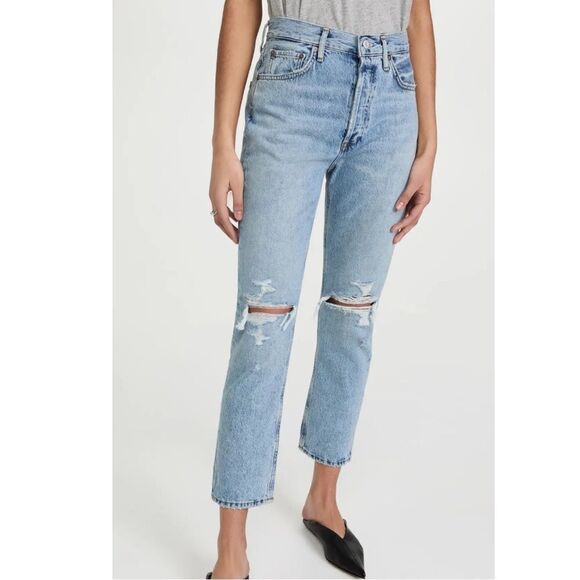 AGOLDE Riley Distressed Crop Jeans Faded Blue US 31 EUC MSRP $198 - Picture 1 of 15